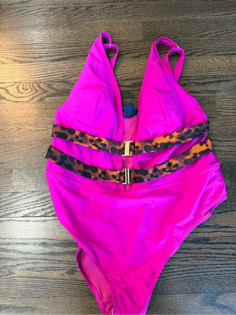 Fox & Royal pink one piece swimsuit with leopard print trim. Size M runs big